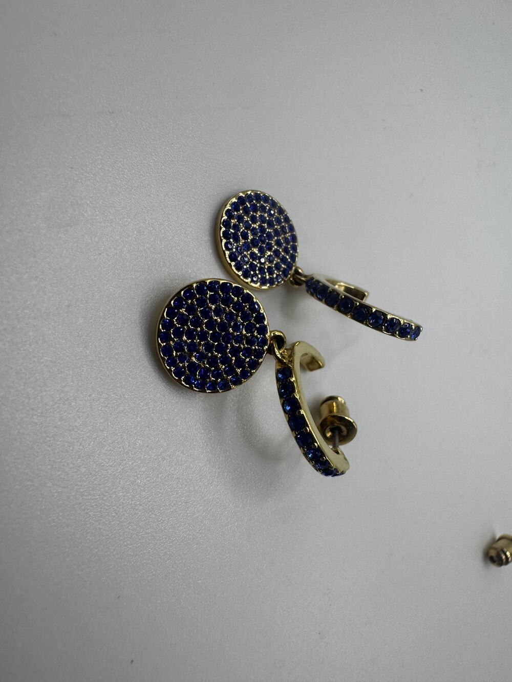 Gold-Tone Blue Rhinestone Pave Hoop Drop Earrings